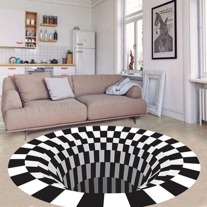 Black and White Vortex Illusion Rug with Anti-Slip Backing and Soft Polyester
