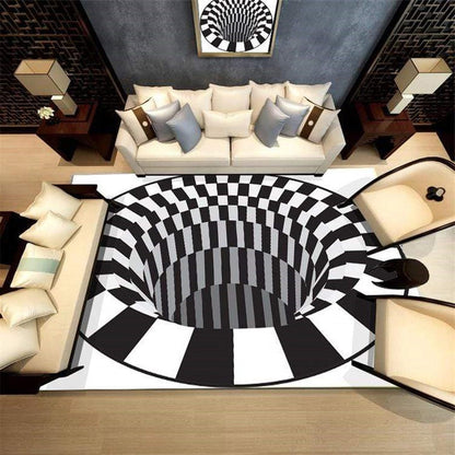 Black and White Vortex Illusion Rug with Anti-Slip Backing and Soft Polyester