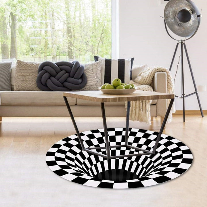Black and White Vortex Illusion Rug with Anti-Slip Backing and Soft Polyester