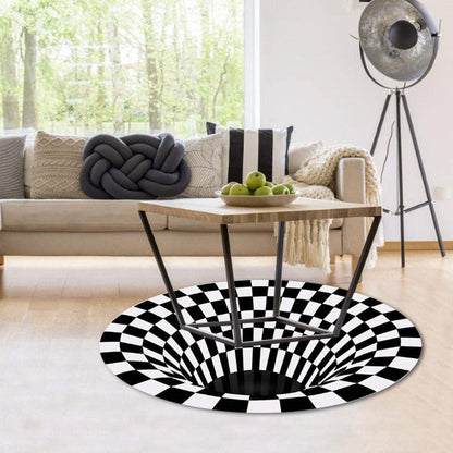 Black and White Vortex Illusion Rug with Anti-Slip Backing and Soft Polyester