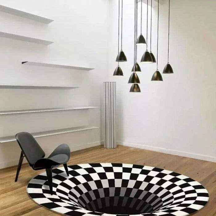 Black and White Vortex Illusion Rug with Anti-Slip Backing and Soft Polyester