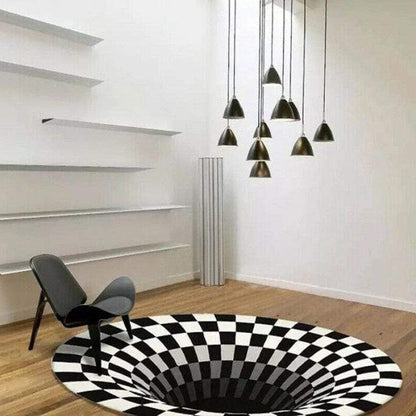 Black and White Vortex Illusion Rug with Anti-Slip Backing and Soft Polyester