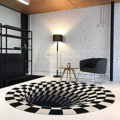 Black and White Vortex Illusion Rug with Anti-Slip Backing and Soft Polyester