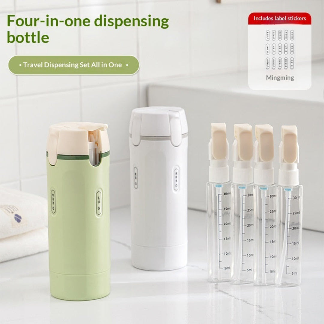 Refillable Travel Toiletry Dispenser with Four Separate Compartments and Textured Grip