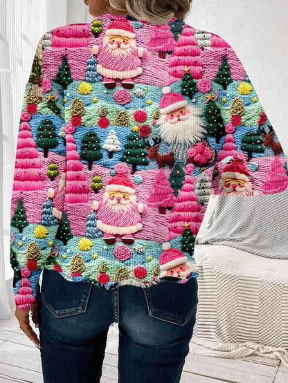 Christmas Pullover Sweater with Multicolor Holiday Pattern and Scalloped Hem