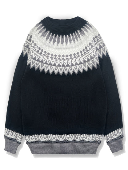 Womens Chunky Jacquard Round Neck Sweater with a Nature Inspired Pattern in Eight Colors