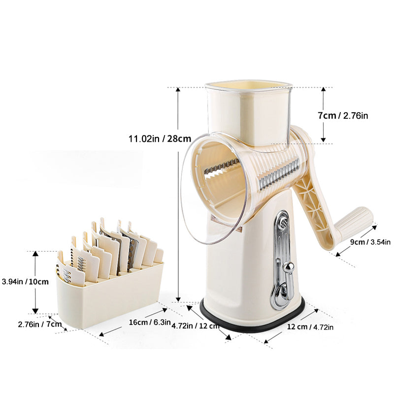 Rotary Food Shredder with Interchangeable Drums and Suction Base, Hand Crank