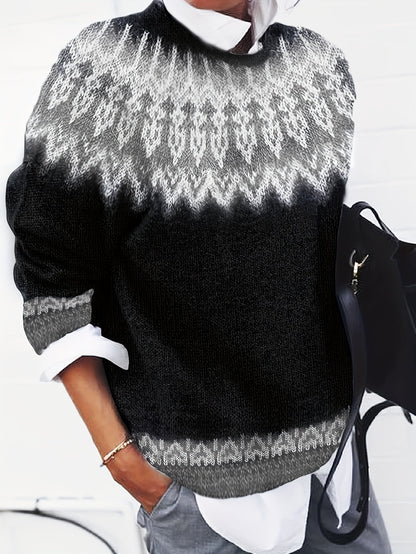 Womens Chunky Jacquard Round Neck Sweater with a Nature Inspired Pattern in Eight Colors