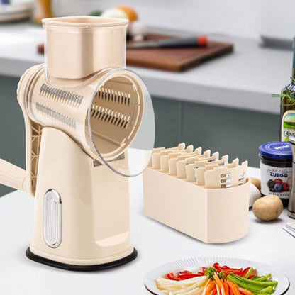 Rotary Food Shredder with Interchangeable Drums and Suction Base, Hand Crank