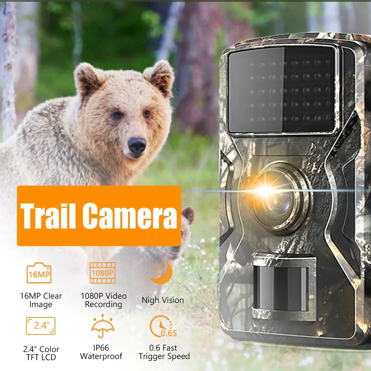 Trail Camera with 16MP Photo and 1080P Video, Infrared Night Vision