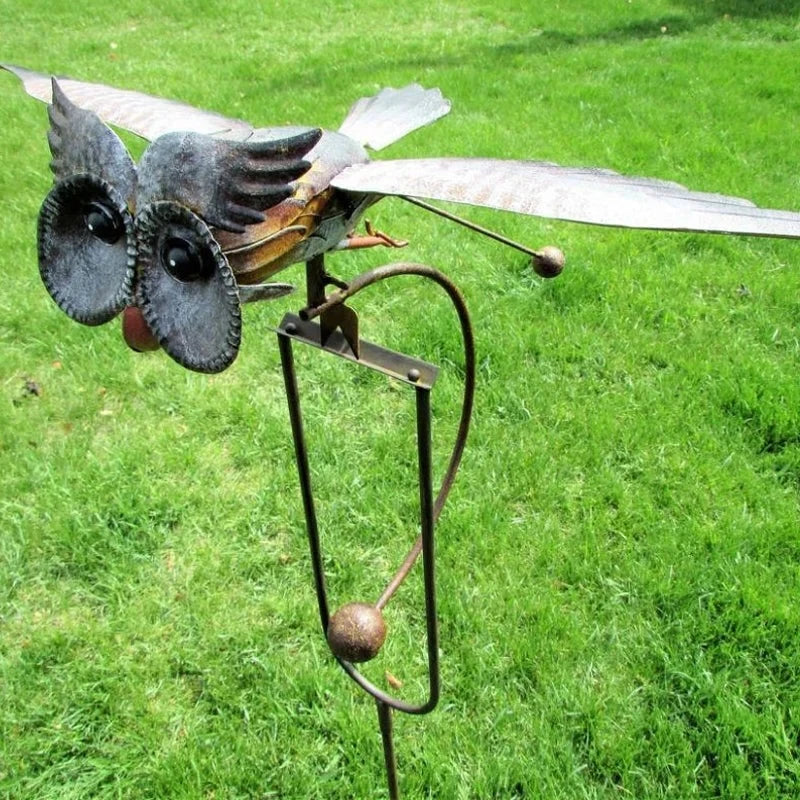 Metal Bird Wind Sculpture with Flapping Wings and Ground Stake, Animal Deterrent
