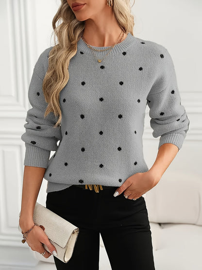 Womens Polka Dot Crew Neck Sweater with Soft Warm Knit and Relaxed Fit in Khaki or Gray
