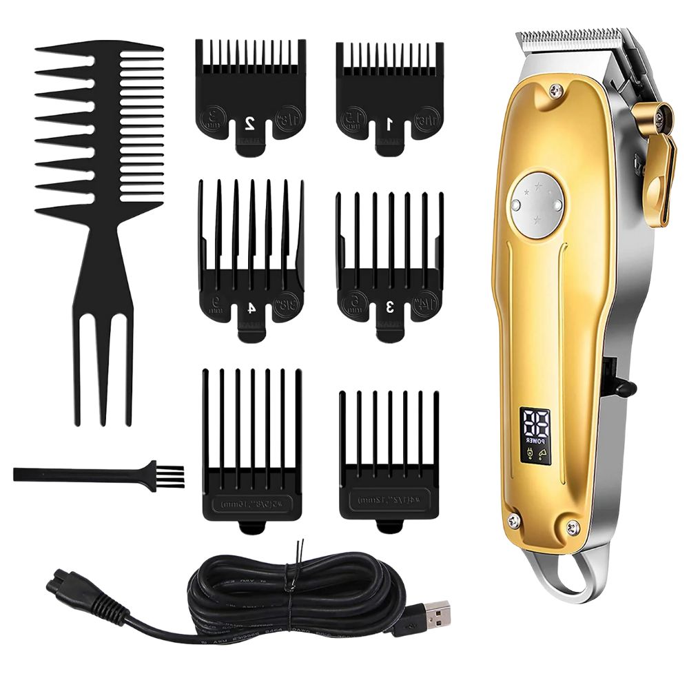 Cordless Metal Hair Clipper with Ceramic Blades and Adjustable Taper Lever, 4 Guide Heads
