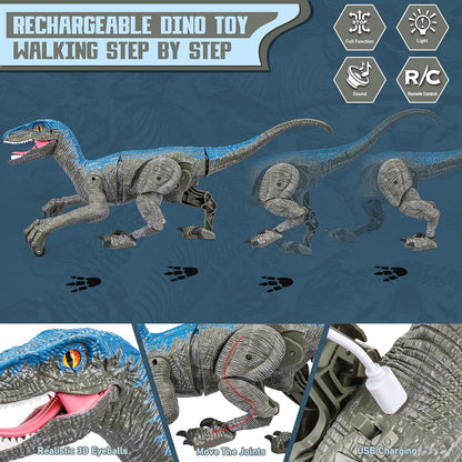 Walking Velociraptor Toy with Remote Control and Sound Effects, USB Rechargeable