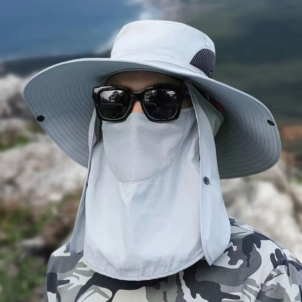 Wide Brim Fishing Hat with Mesh Panels and Adjustable Chin Strap, UV Blocking
