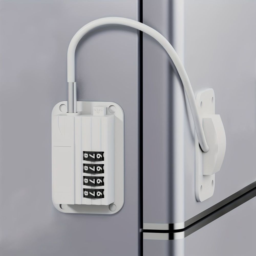 Refrigerator Door Lock with Programmable Code and Adjustable Strap, Adhesive Mount