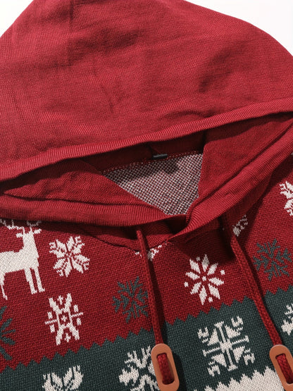 Christmas Hooded Sweater with Reindeer, Snowflake and Star Patterns and a Drawstring Hood in Two Styles