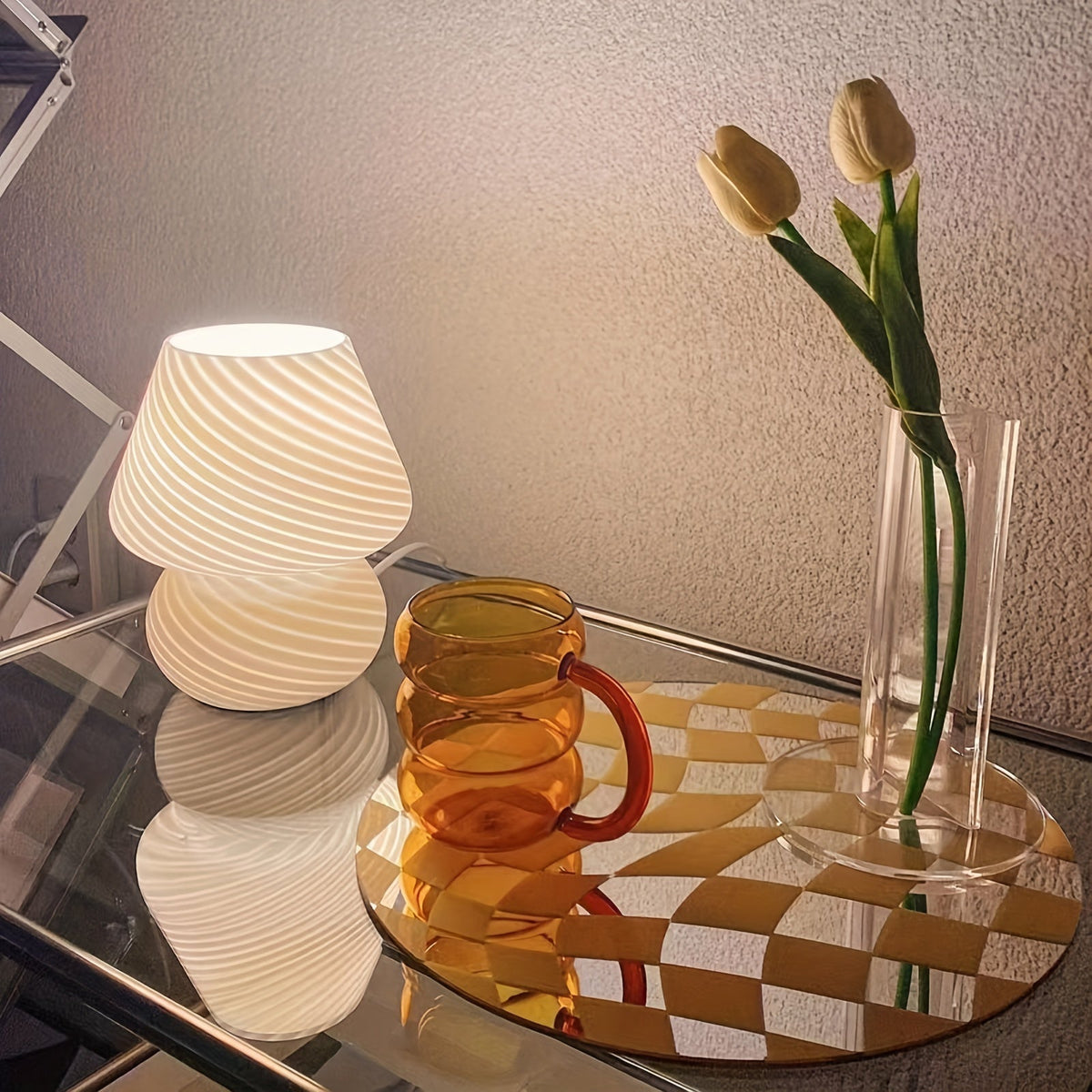 Glass Mushroom Table Lamp with Stepless Dimming and Swirled Pattern