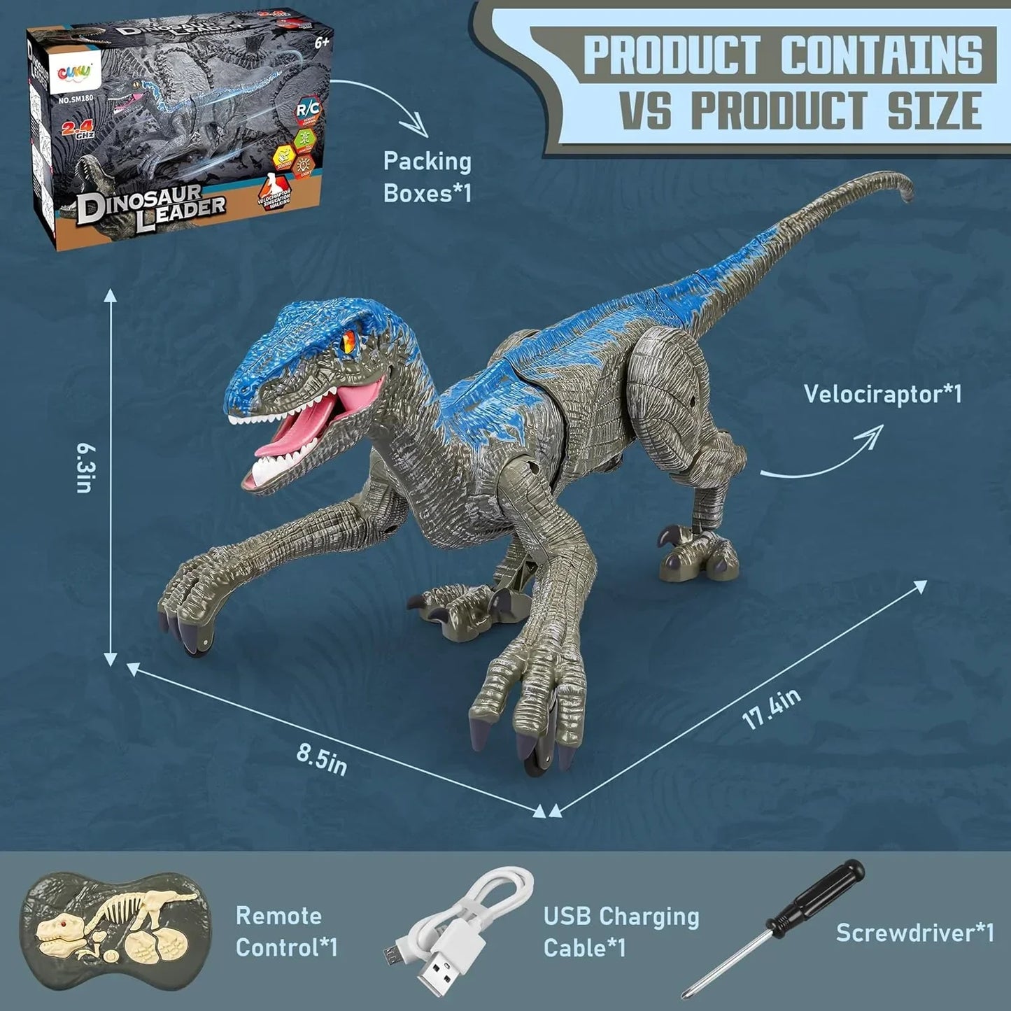 Walking Velociraptor Toy with Remote Control and Sound Effects, USB Rechargeable
