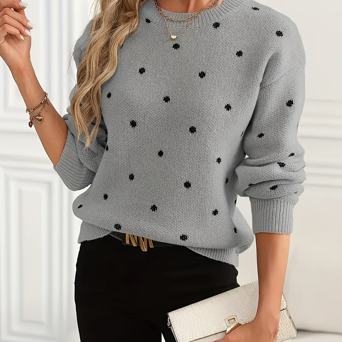 Womens Polka Dot Crew Neck Sweater with Soft Warm Knit and Relaxed Fit in Khaki or Gray