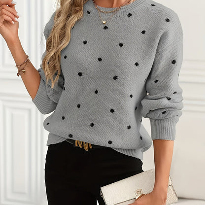 Womens Polka Dot Crew Neck Sweater with Soft Warm Knit and Relaxed Fit in Khaki or Gray