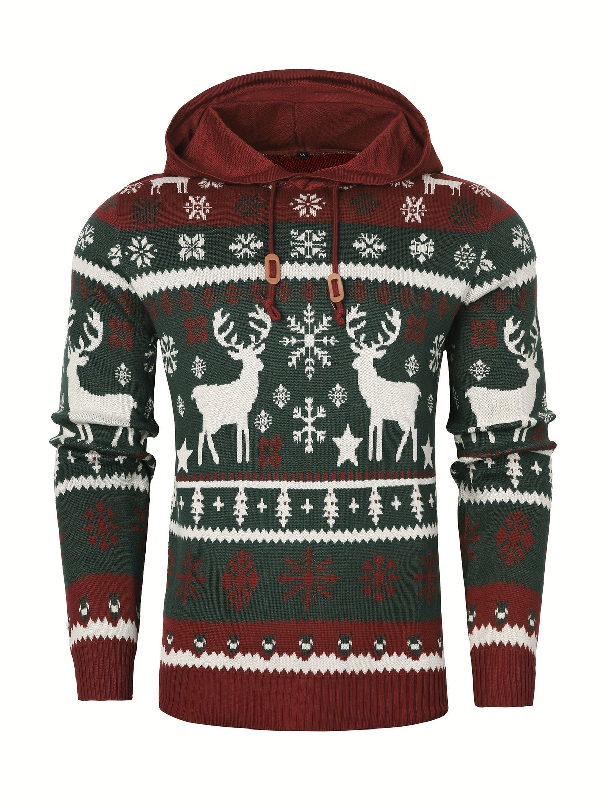 Christmas Hooded Sweater with Reindeer, Snowflake and Star Patterns and a Drawstring Hood in Two Styles
