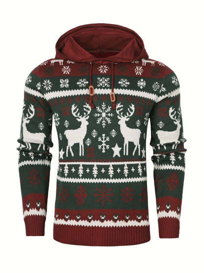 Christmas Hooded Sweater with Reindeer, Snowflake and Star Patterns and a Drawstring Hood in Two Styles