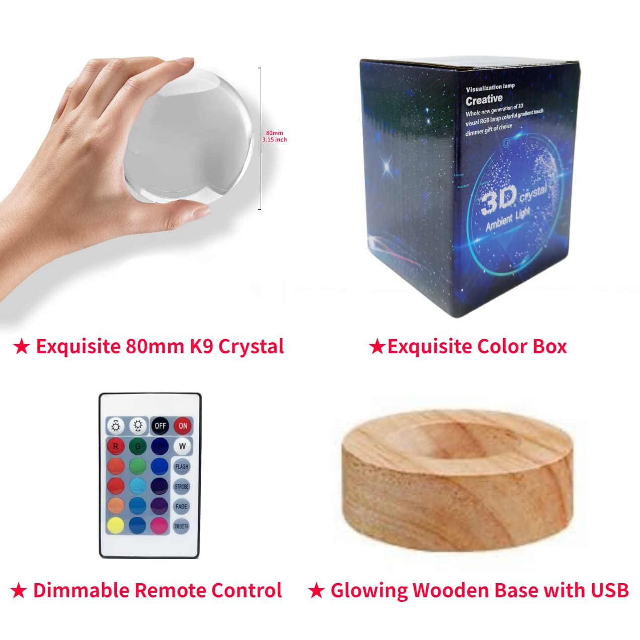 3D Laser Engraved Crystal Ball with Wooden LED Base and Remote Control