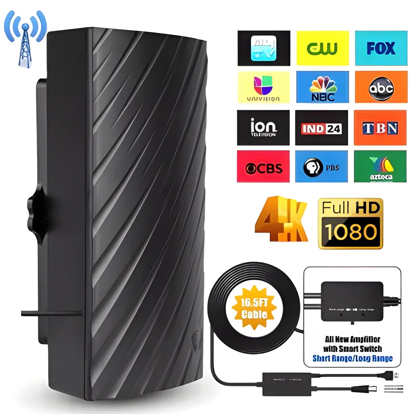 Digital TV Antenna with 39dBi Signal Amplifier and 4K Support, 600 Mile Range