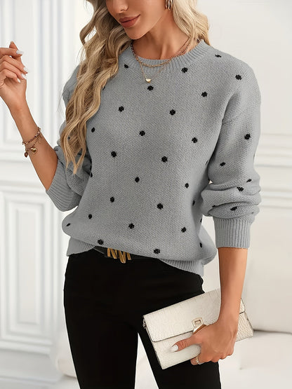 Womens Polka Dot Crew Neck Sweater with Soft Warm Knit and Relaxed Fit in Khaki or Gray