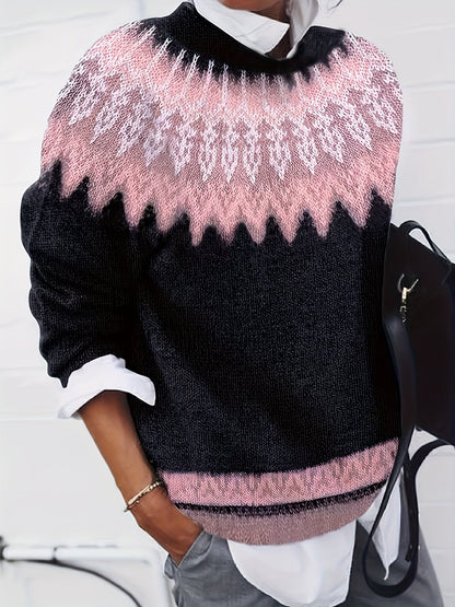 Womens Chunky Jacquard Round Neck Sweater with a Nature Inspired Pattern in Eight Colors