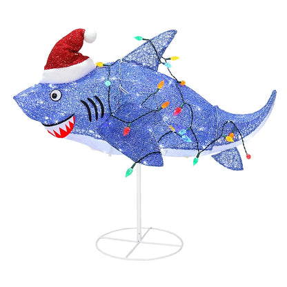 Lighted Shark Yard Decoration with Santa Hat and C6 Bulb String Lights for Christmas Lawns and Patios