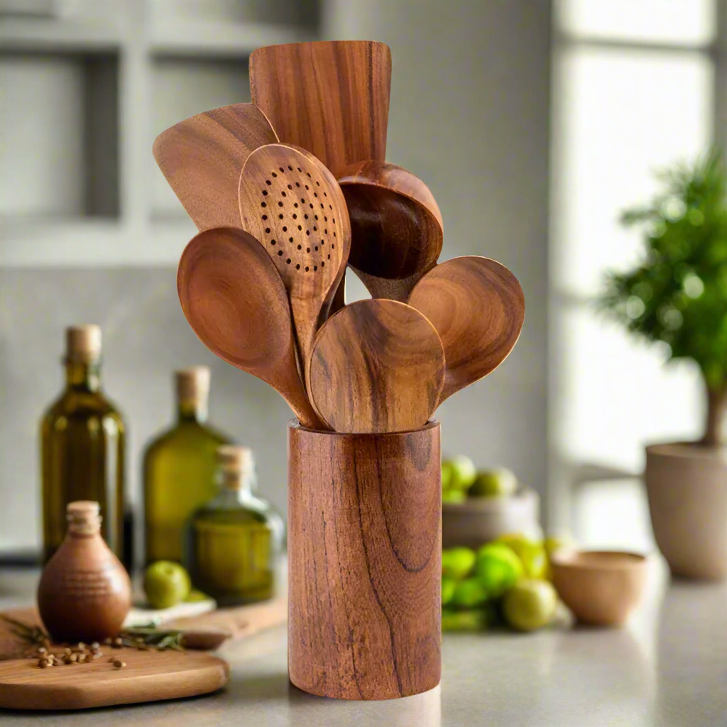 Wooden Kitchen Utensil Set with Nonstick Safe Design and Heat Resistant Teak