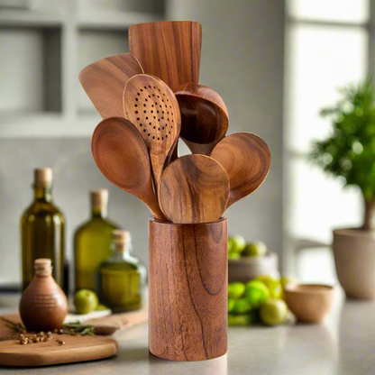 Wooden Kitchen Utensil Set with Nonstick Safe Design and Heat Resistant Teak