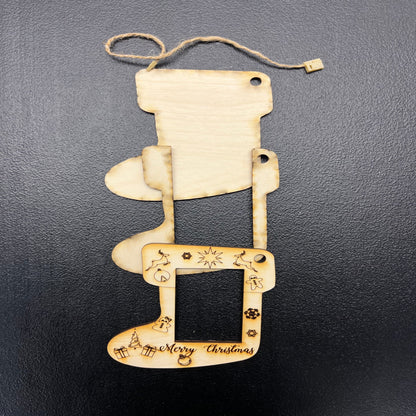 Stocking Photo Holder Wood Ornament Kit in an Unfinished Paint Yourself Style or a Painted and Assembled Style
