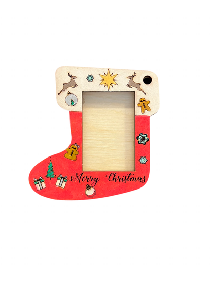 Stocking Photo Holder Wood Ornament Kit in an Unfinished Paint Yourself Style or a Painted and Assembled Style