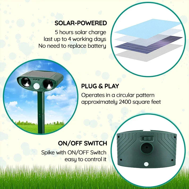 Solar Powered Ultrasonic Animal Repeller with Motion Sensor for Gardens Ponds and Lawns