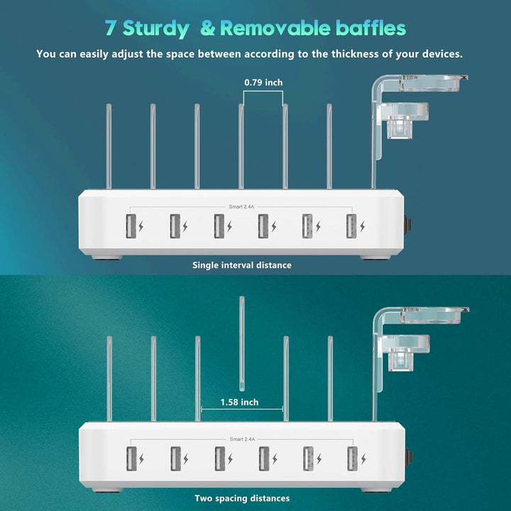 6-Port USB Charging Station with Adjustable Device Slots and Detachable Holders