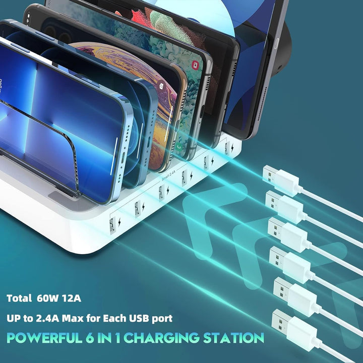 6-Port USB Charging Station with Adjustable Device Slots and Detachable Holders