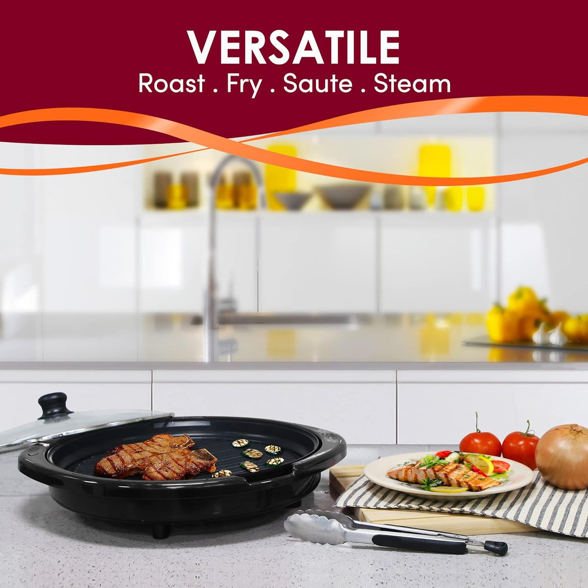 Electric Tabletop Grill with Glass Dome Lid and Nonstick Aluminum Plate, 14-Inch Cooking Surface