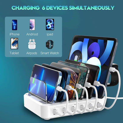 6-Port USB Charging Station with Adjustable Device Slots and Detachable Holders