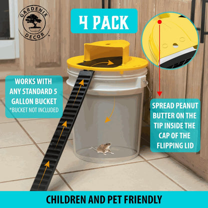 Auto Reset Bucket Lid Trap for Mice and Rats with Built In Ladder, 4-Pack