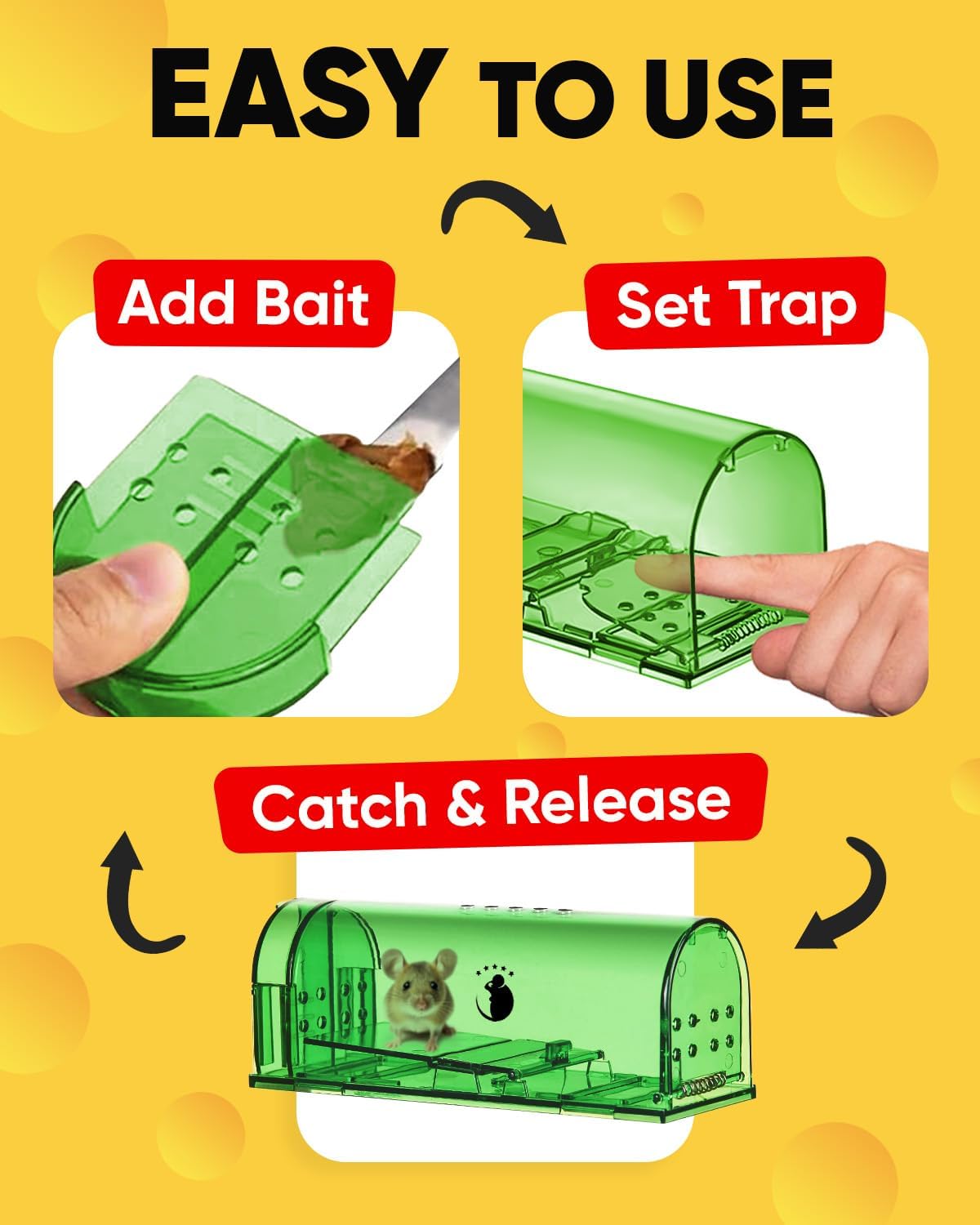 Humane Live Mouse Trap Set with Clear Monitoring Window and No-Touch Release, 4-Pack All Vera Mart