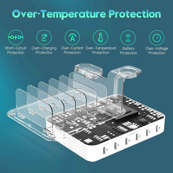 6-Port USB Charging Station with Adjustable Device Slots and Detachable Holders