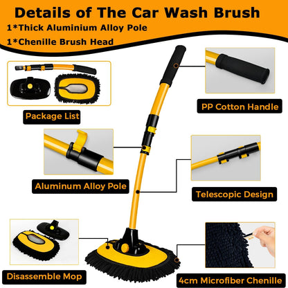 Car Wash Brush with 90-Degree Rotating Head and Telescopic Pole, 19.69-40.16 Inches