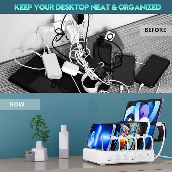 6-Port USB Charging Station with Adjustable Device Slots and Detachable Holders