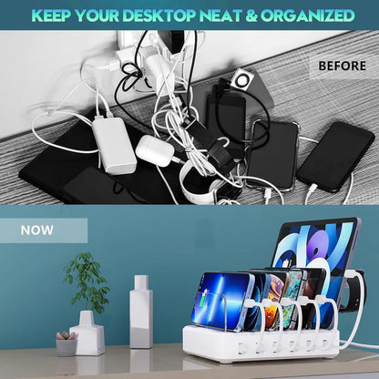 6-Port USB Charging Station with Adjustable Device Slots and Detachable Holders