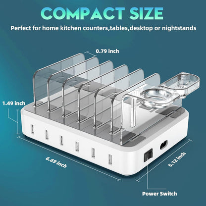 6-Port USB Charging Station with Adjustable Device Slots and Detachable Holders