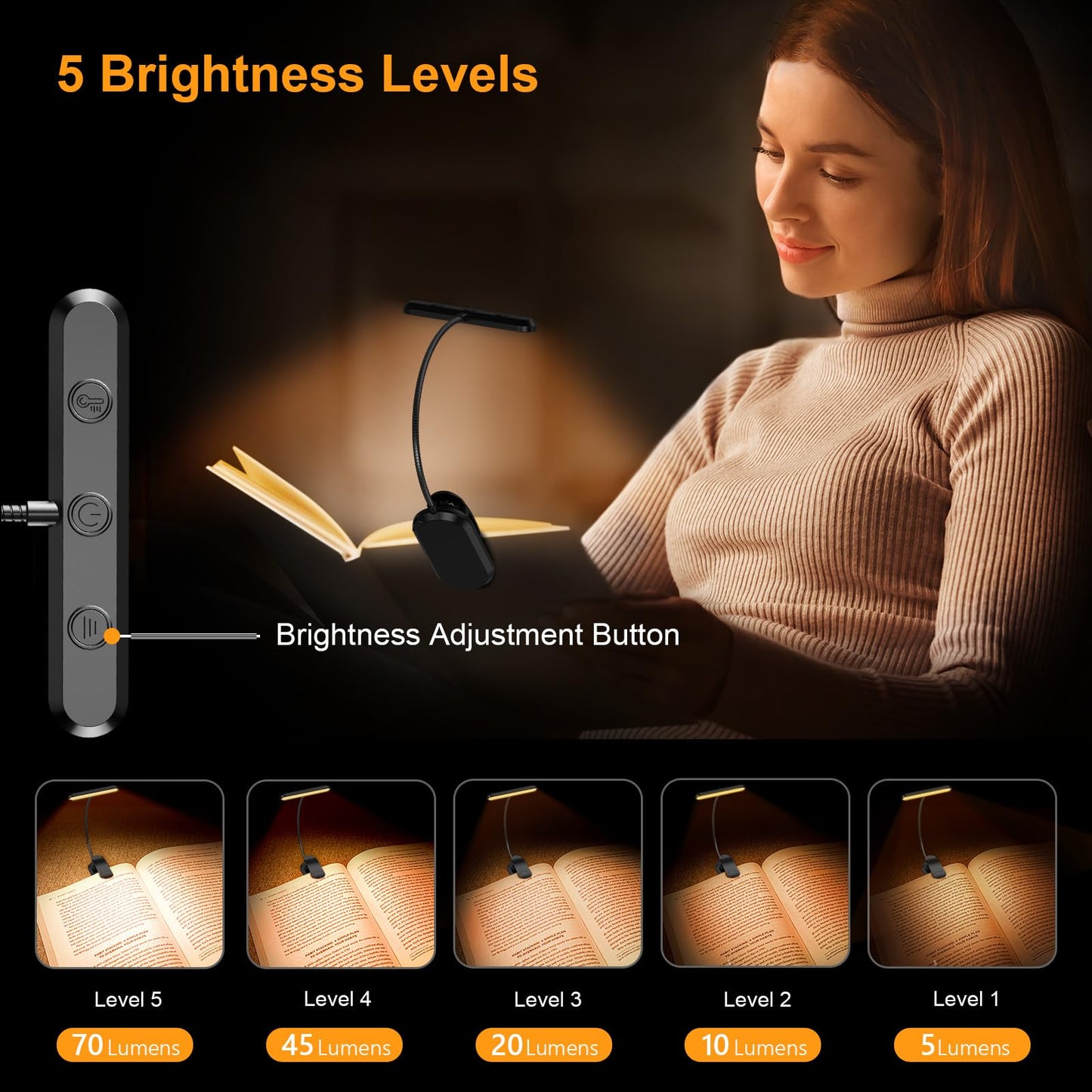 Book Light with Flexible Gooseneck and Wide Beam, USB-C Rechargeable