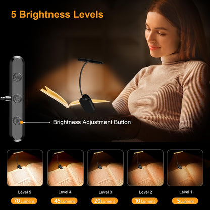 Book Light with Flexible Gooseneck and Wide Beam, USB-C Rechargeable